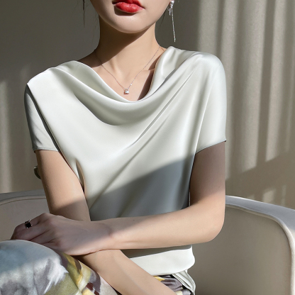 Silk Women's Crew Neck Tees Casual Solid Color Bottom T-Shirt Loose Female Tops