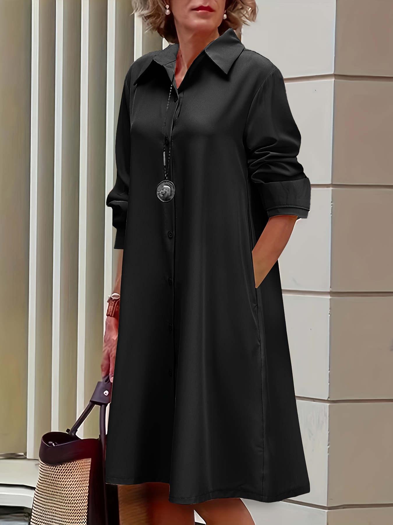 Plus Size Casual Dress, Women's Plus Solid Button Up Long Sleeve Turn Down Collar Shirt Dress  🔥Buy 2 get 10% OFF