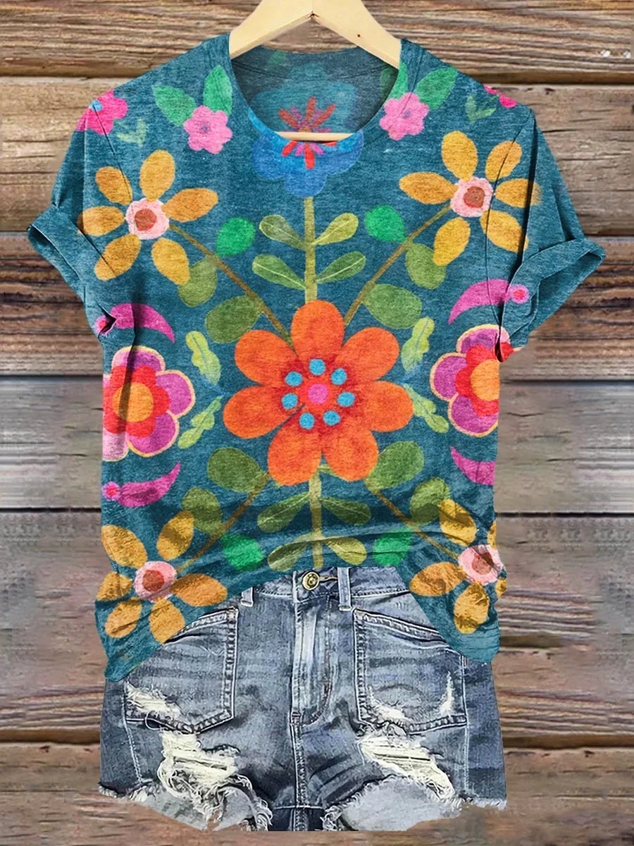 Women's Bohemian Floral Art Print V-neck Casual T-Shirt