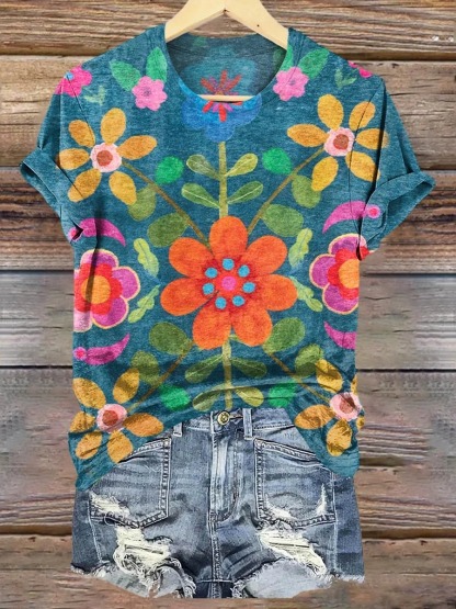 Women's Bohemian Floral Art Print V-neck Casual T-Shirt