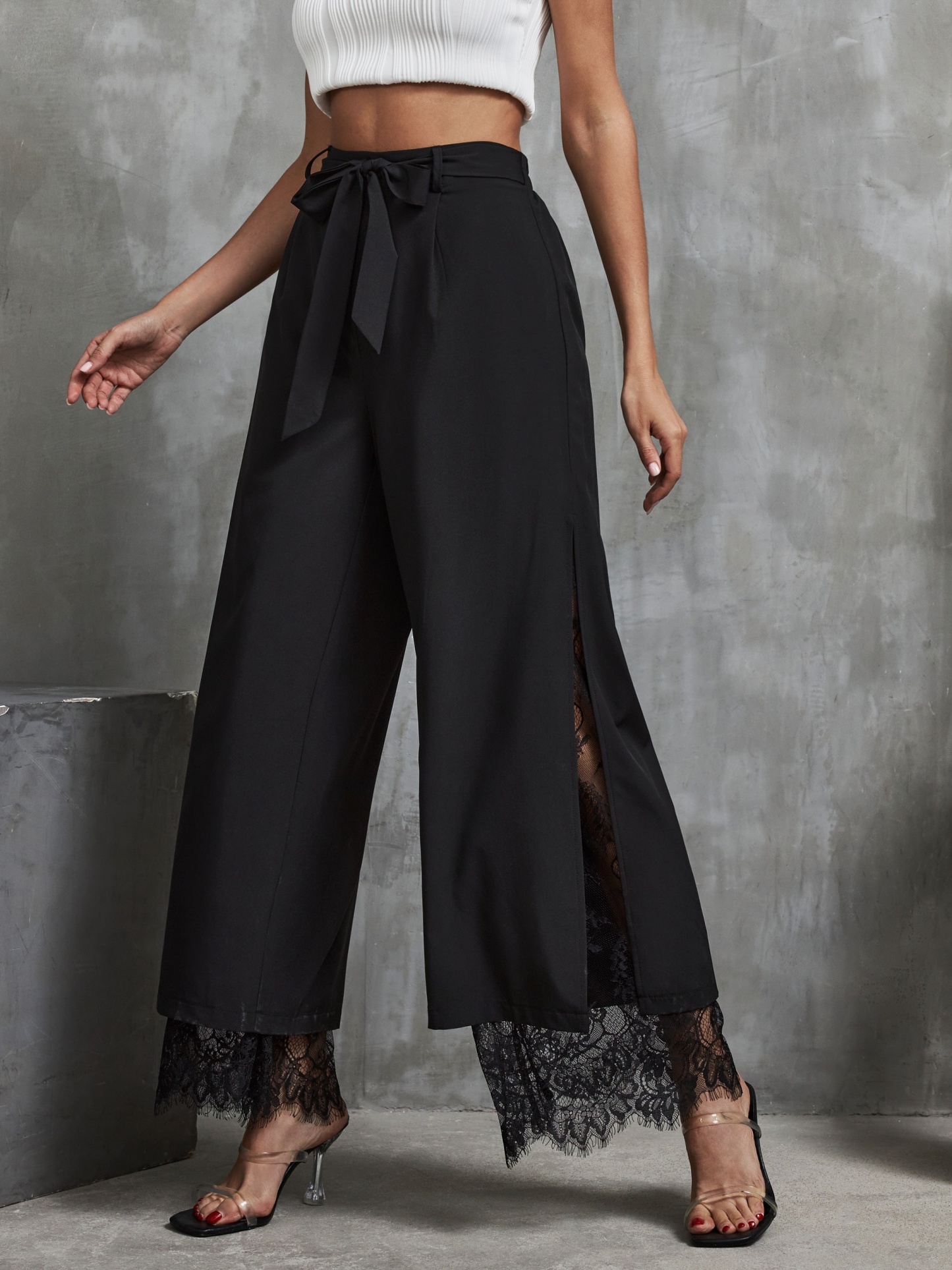 Elegant Wide-Leg Palazzo Pants for Women - Lace Trim, Elastic Waist, Easy Care, Perfect for Spring