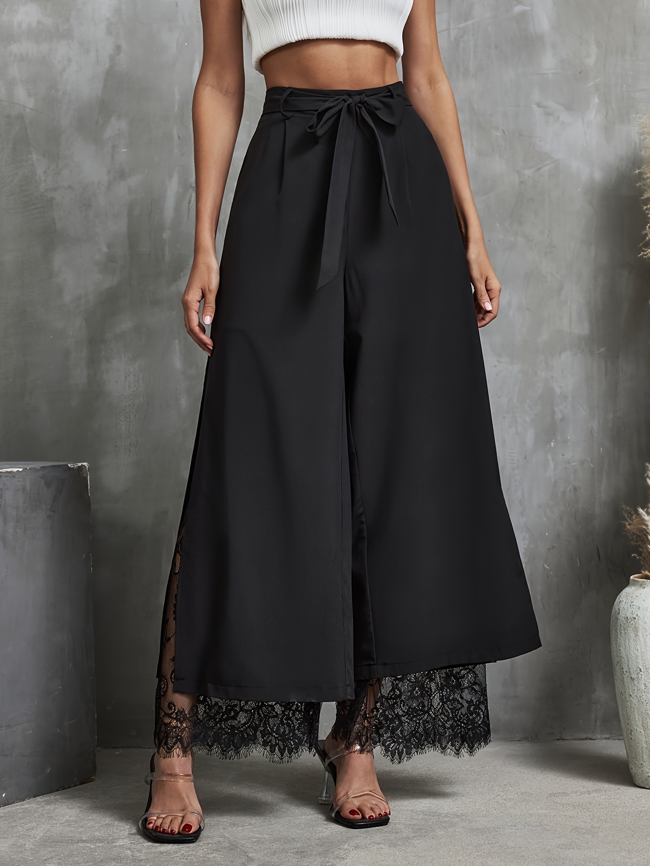 Elegant Wide-Leg Palazzo Pants for Women - Lace Trim, Elastic Waist, Easy Care, Perfect for Spring