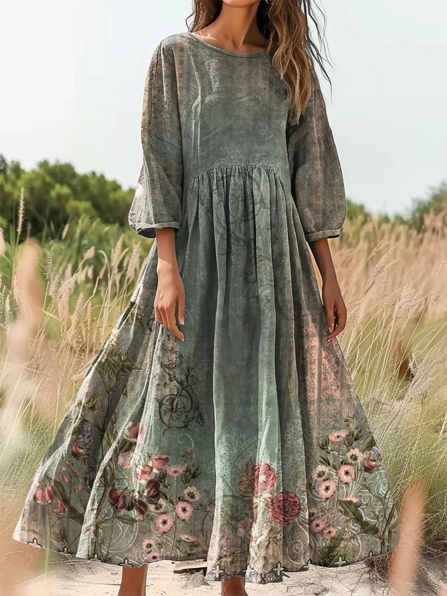 Women's Retro Ethnic Flowers Print V-neck Casual T-Shirt