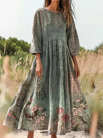 Women's Retro Ethnic Flowers Print V-neck Casual T-Shirt