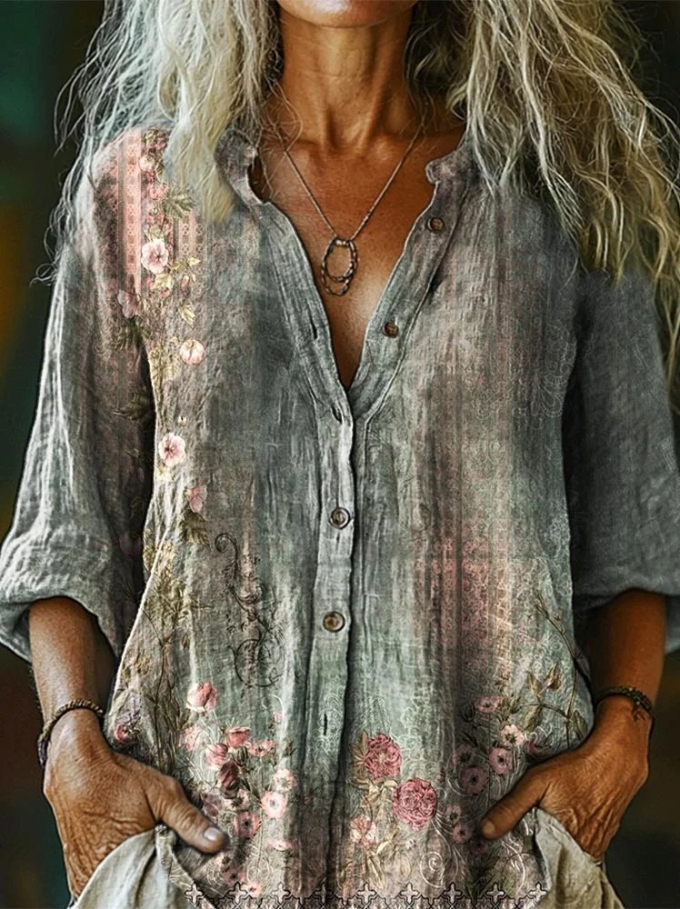 Women's Retro Ethnic Flowers Print V-neck Casual T-Shirt