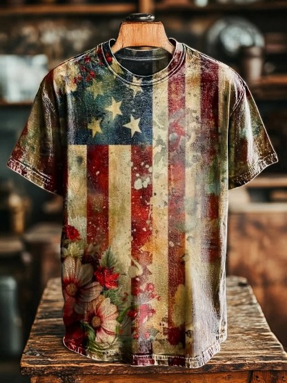Women's Vintage Flag Floral Art Print V-neck Casual T-Shirt