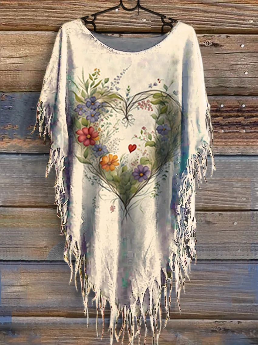 Women's Floral Heart Art V-Neck Casual T-Shirt