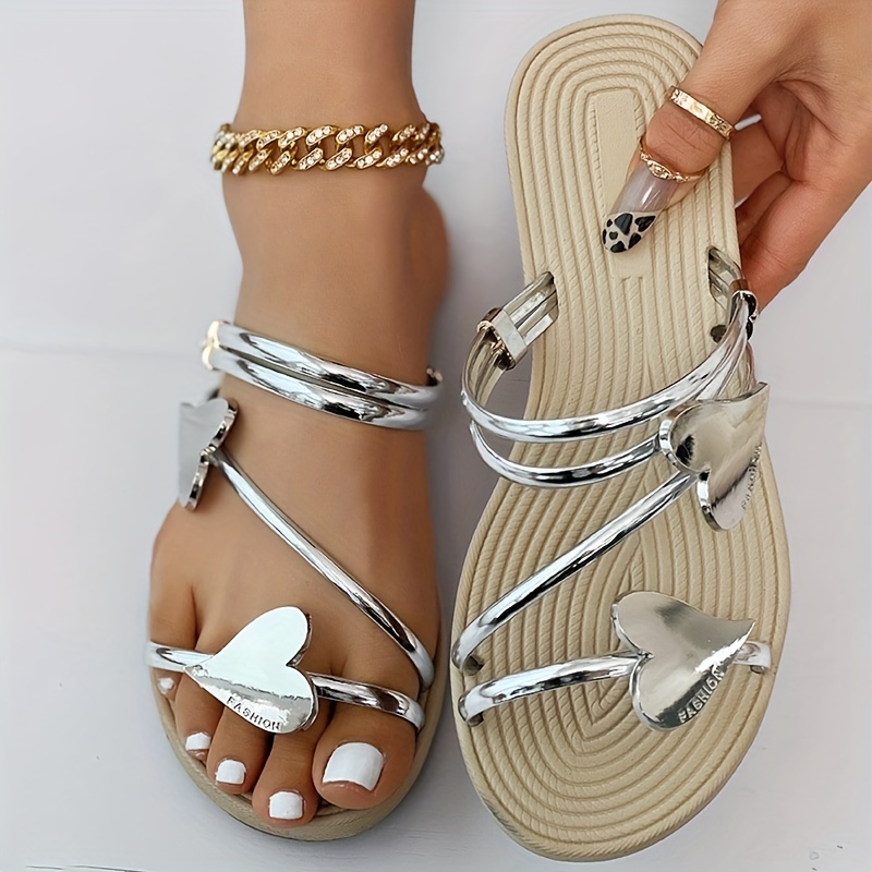 Women's Heart Flat Slide Sandals, Fashionable Open Toe Non Slip Shoes, Outdoor Beach Slides