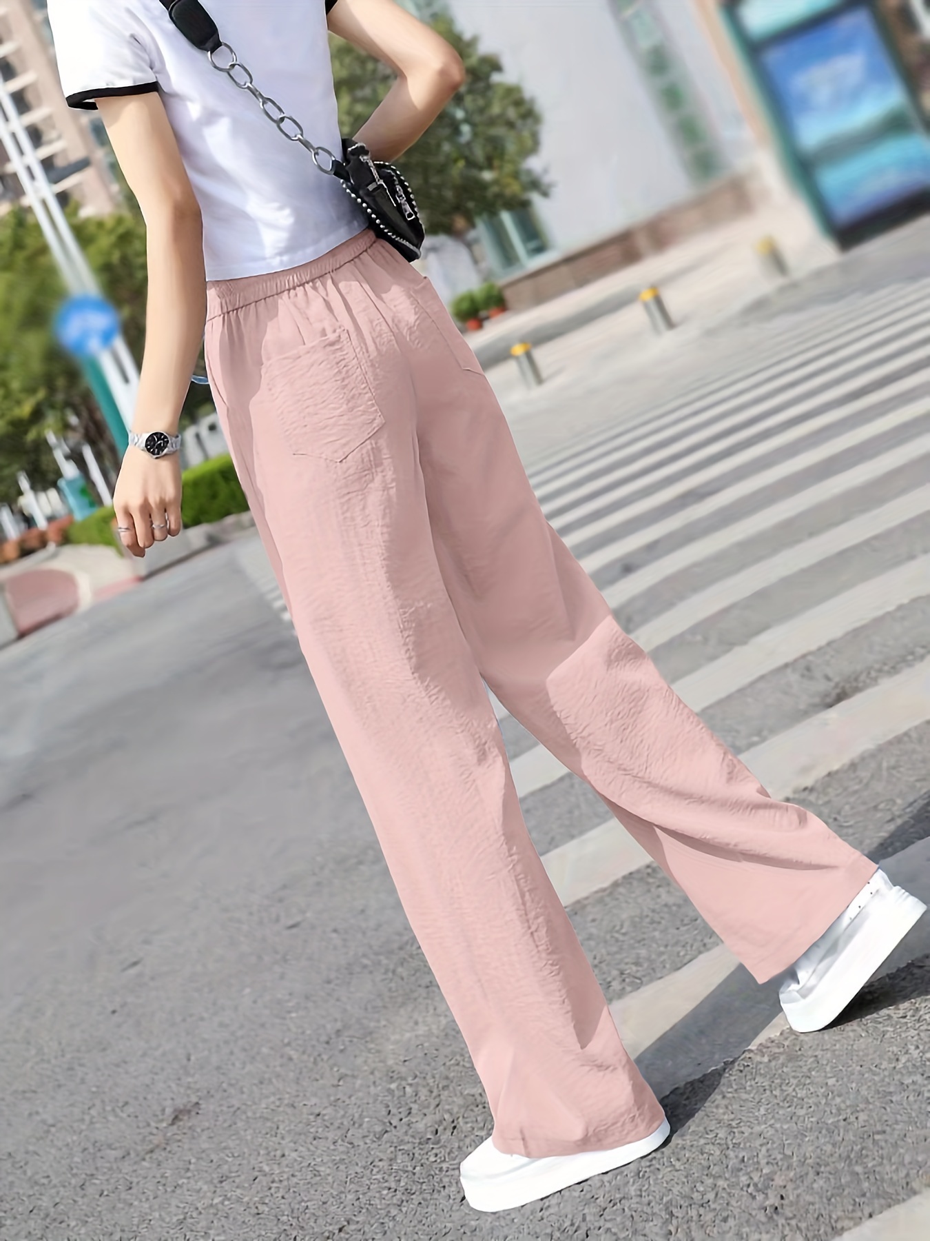 Minimalist Solid Drawstring Pants, Casual Long Length Elastic Waist Wide Leg Pants, Women's Clothing