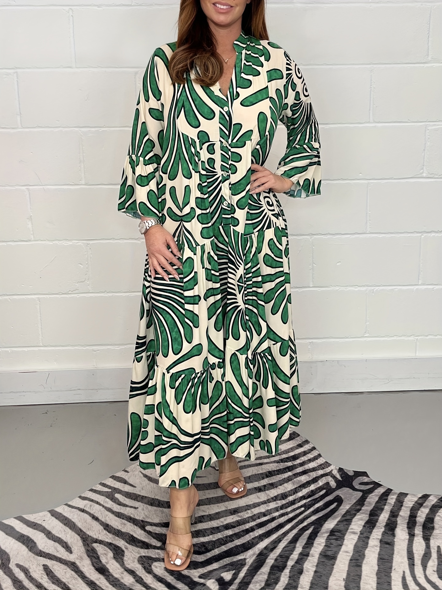 Plus Size Elegant Dress, Women's Plus Allover Print Bell Sleeve Button Up Mock Neck Maxi Smock Dress