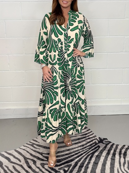 Plus Size Elegant Dress, Women's Plus Allover Print Bell Sleeve Button Up Mock Neck Maxi Smock Dress