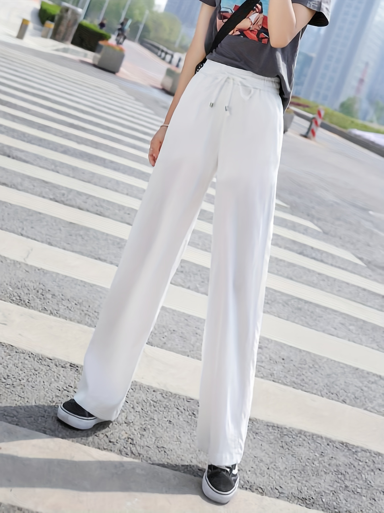 Minimalist Solid Drawstring Pants, Casual Long Length Elastic Waist Wide Leg Pants, Women's Clothing
