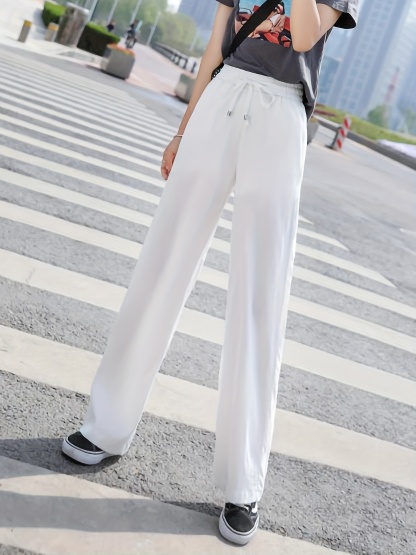 Minimalist Solid Drawstring Pants, Casual Long Length Elastic Waist Wide Leg Pants, Women's Clothing