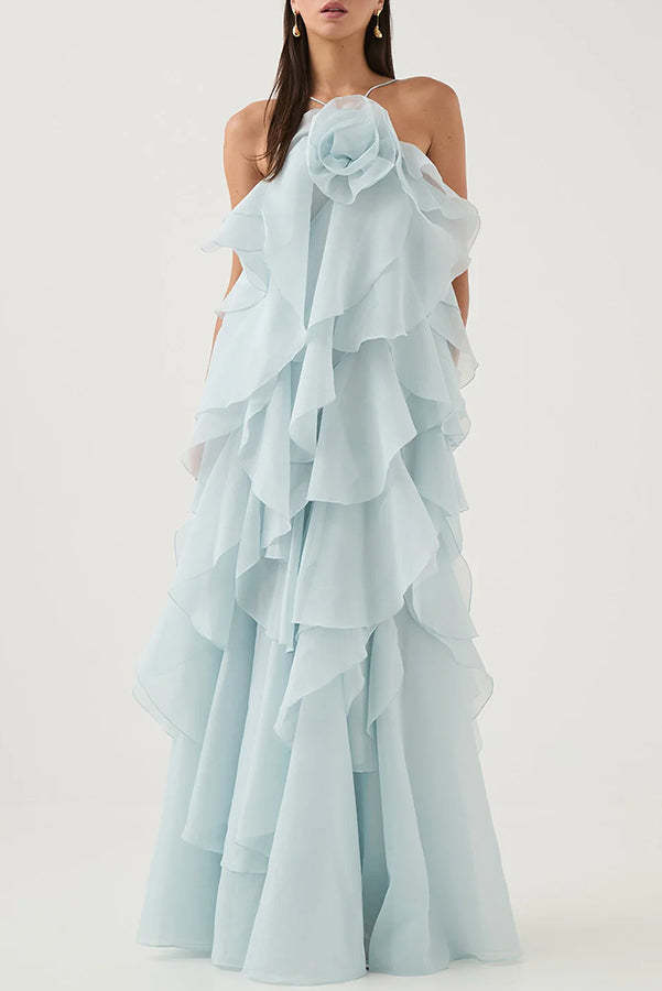 Free - Flowing Rose Detail Tiered Ruffles Halter A-line Maxi Dress