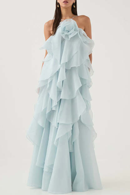 Free - Flowing Rose Detail Tiered Ruffles Halter A-line Maxi Dress