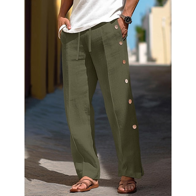 Men's Linen Pants Trousers Pants Drawstring Elastic Waist Side Button