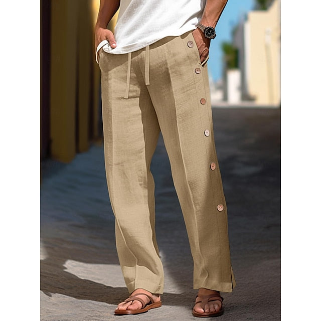 Men's Linen Pants Trousers Pants Drawstring Elastic Waist Side Button