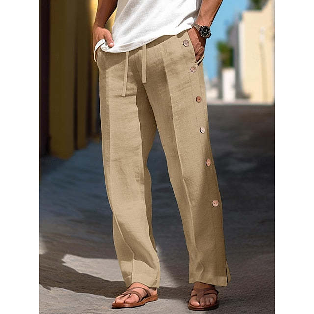 Men's Linen Pants Trousers Pants Drawstring Elastic Waist Side Button