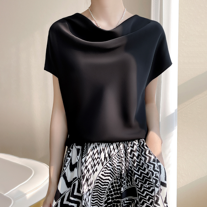 Silk Women's Crew Neck Tees Casual Solid Color Bottom T-Shirt Loose Fe