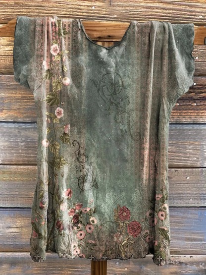 Women's Retro Ethnic Flowers Print V-neck Casual T-Shirt