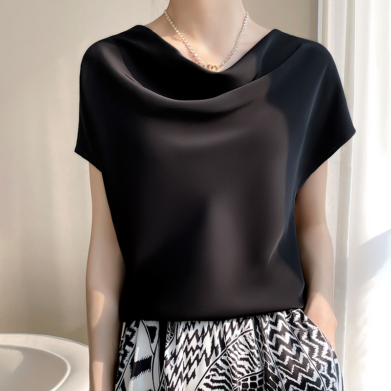 Silk Women's Crew Neck Tees Casual Solid Color Bottom T-Shirt Loose Female Tops