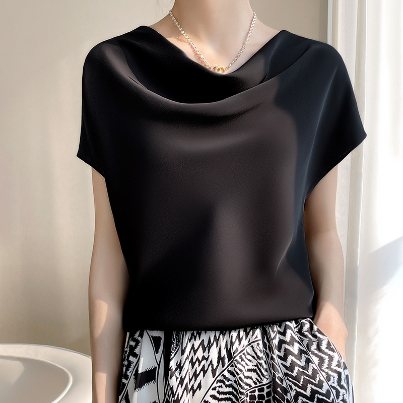 Silk Women's Crew Neck Tees Casual Solid Color Bottom T-Shirt Loose Female Tops