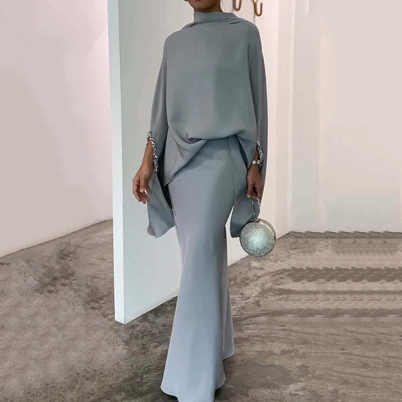 Fashionable solid color irregular top and skirt suit