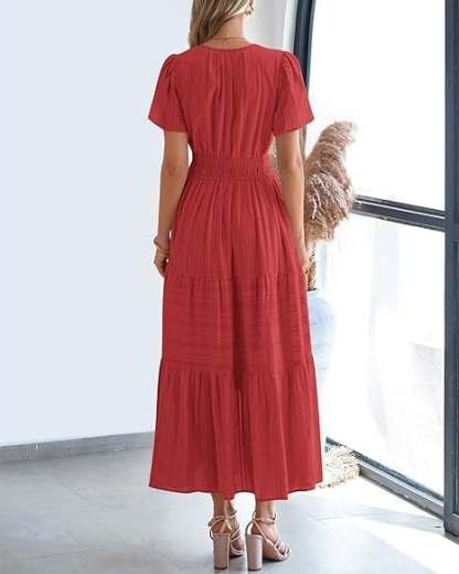 Women's V-Neck Maxi Dress | Casual Short Sleeve Dress