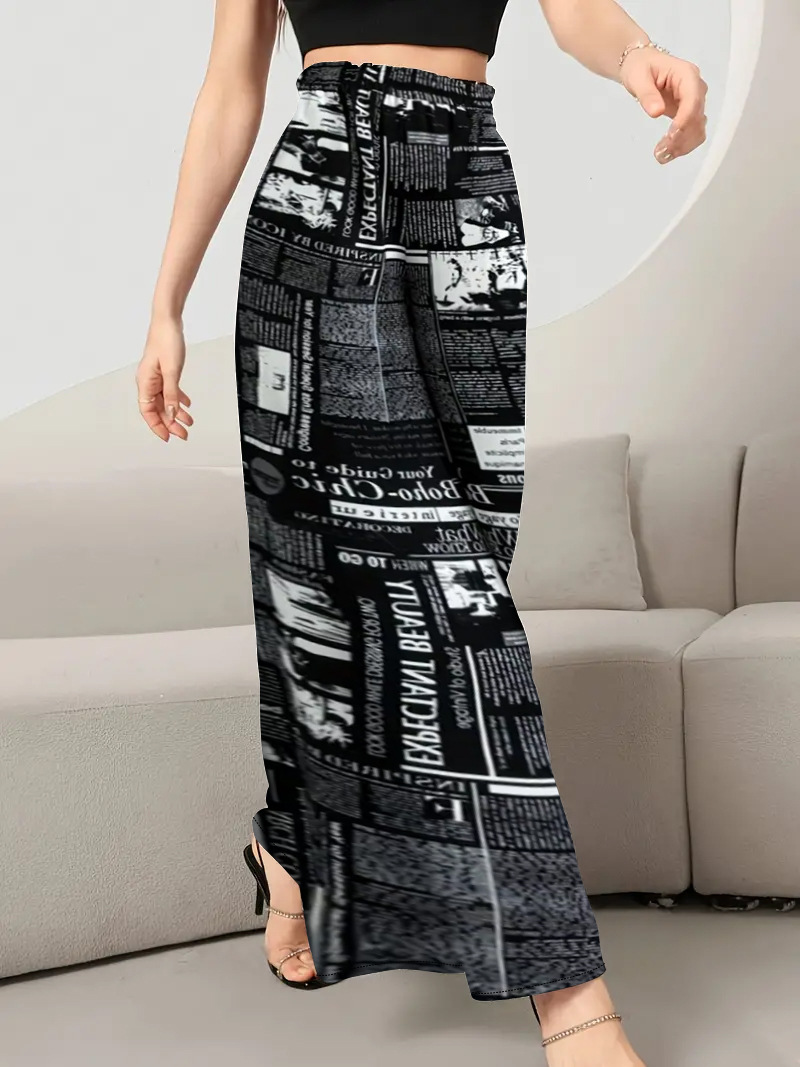 Newspaper Print Palazzo Pants, Casual High Waist Wide Leg Pants, Women's Clothing