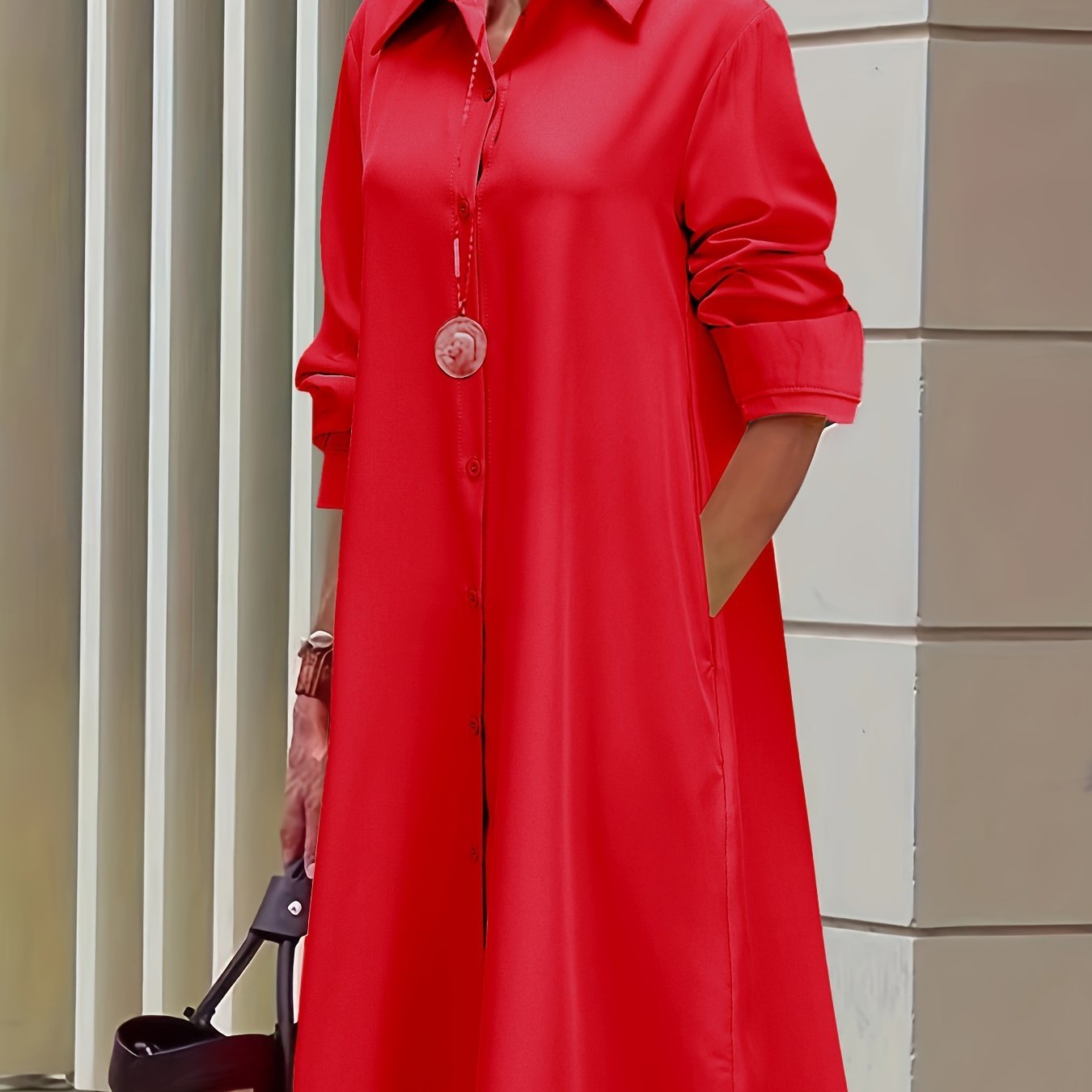 Plus Size Casual Dress, Women's Plus Solid Button Up Long Sleeve Turn Down Collar Shirt Dress  🔥Buy 2 get 10% OFF