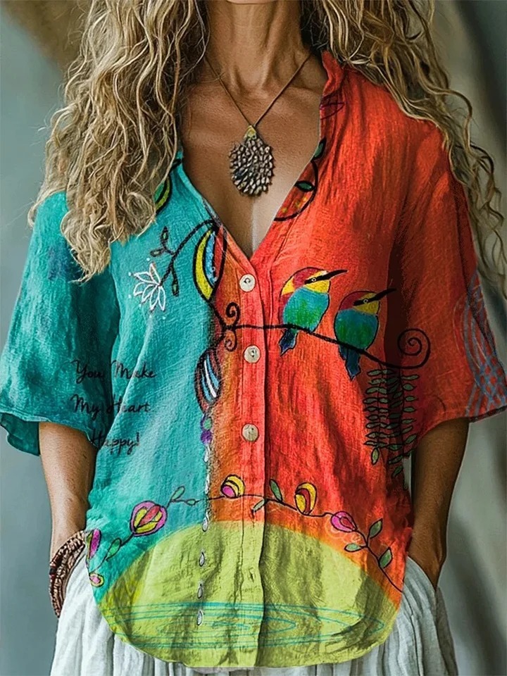 Women's Vintage Floral Bird Art Print Casual Cotton Shirt
