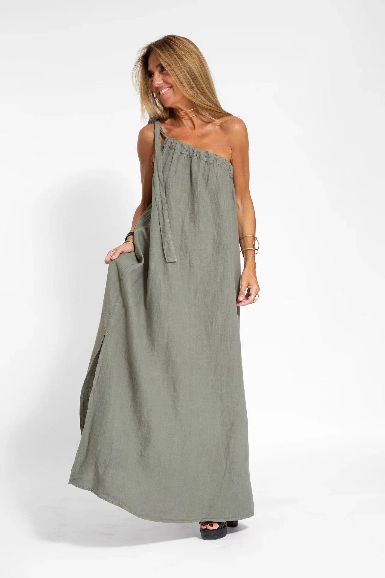 Stylish slant shoulder asymmetrical slit dress