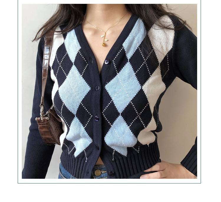 Vintage geometric long sleeve v neck knitted sweater