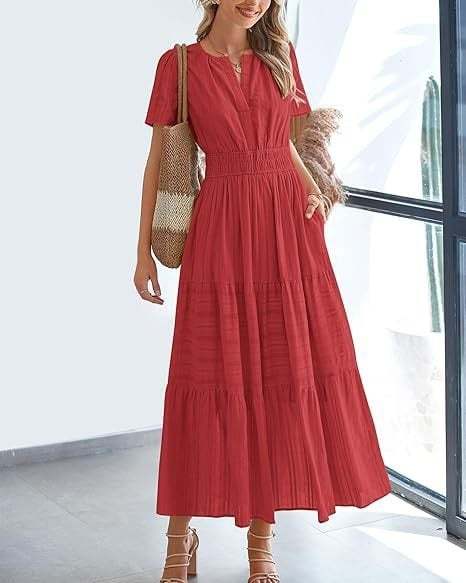 Women's V-Neck Maxi Dress | Casual Short Sleeve Dress