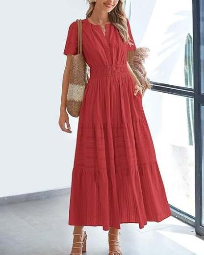 Women's V-Neck Maxi Dress | Casual Short Sleeve Dress