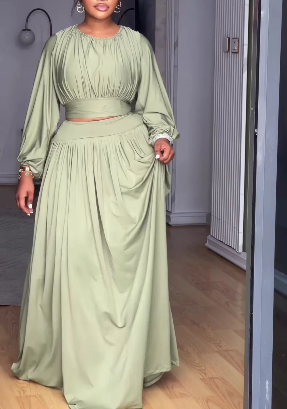 Women's Long Sleeve Knit Top & Flowy Flared Skirt Matching Set | Chic Two-Piece Outfit