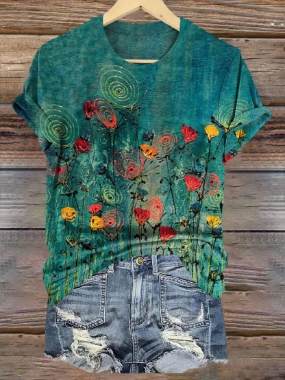 Women's Floral Art Print V-Neck Casual T-Shirt