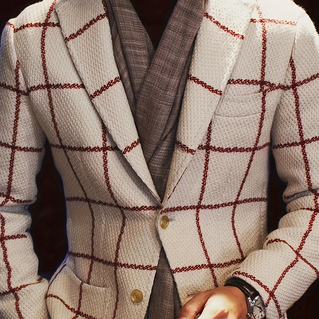1PC Plus Size Men's Casual Business Blazer With Checkered Print, Lightweight And Stylish Slim Fit Suit Outerwear, Elegant Work Attire