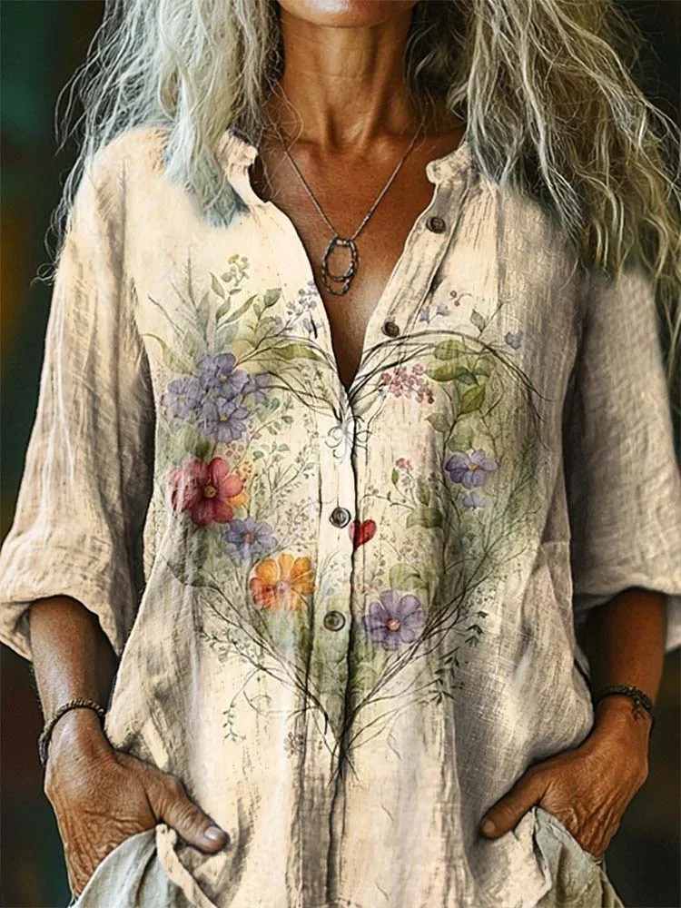 Women's Floral Heart Art V-Neck Casual T-Shirt