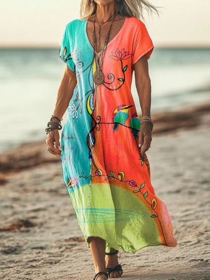 Women's Vintage Floral Bird Art Print Casual Cotton Shirt