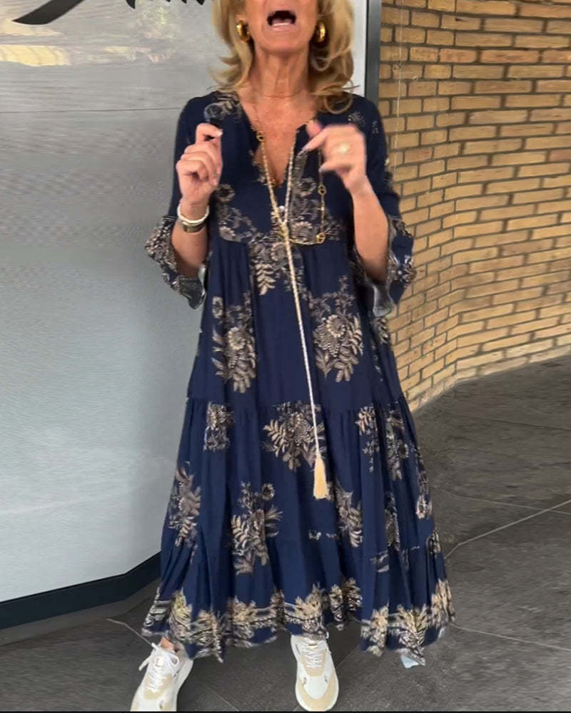 Women's Vintage V-Neck Dress | Loose Fit Boho Maxi Dress