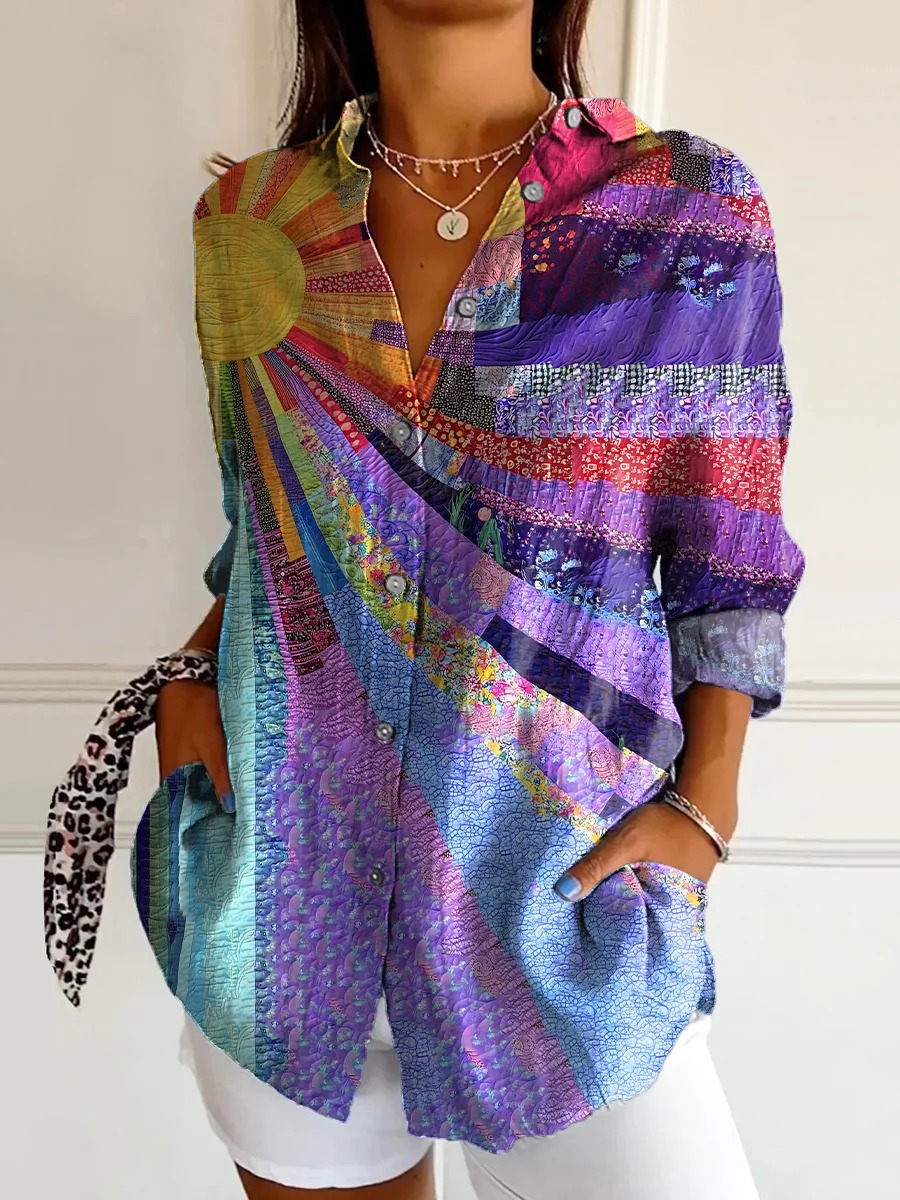 Women's Vintage Floral Bird Art Print Casual Cotton Shirt