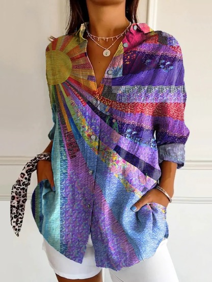 Women's Vintage Floral Bird Art Print Casual Cotton Shirt