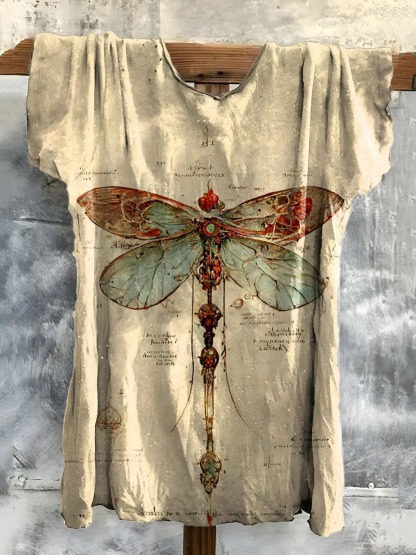 Women's Dragonfly Pattern Art Print Casual Short Sleeve Comfortable Cotton Shirt