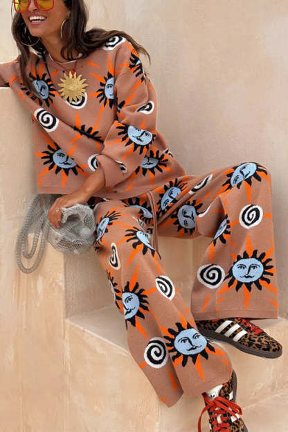 Mediterranean Art Knit Unique Sun Vortex Print Long Sleeve Relaxed Sweater