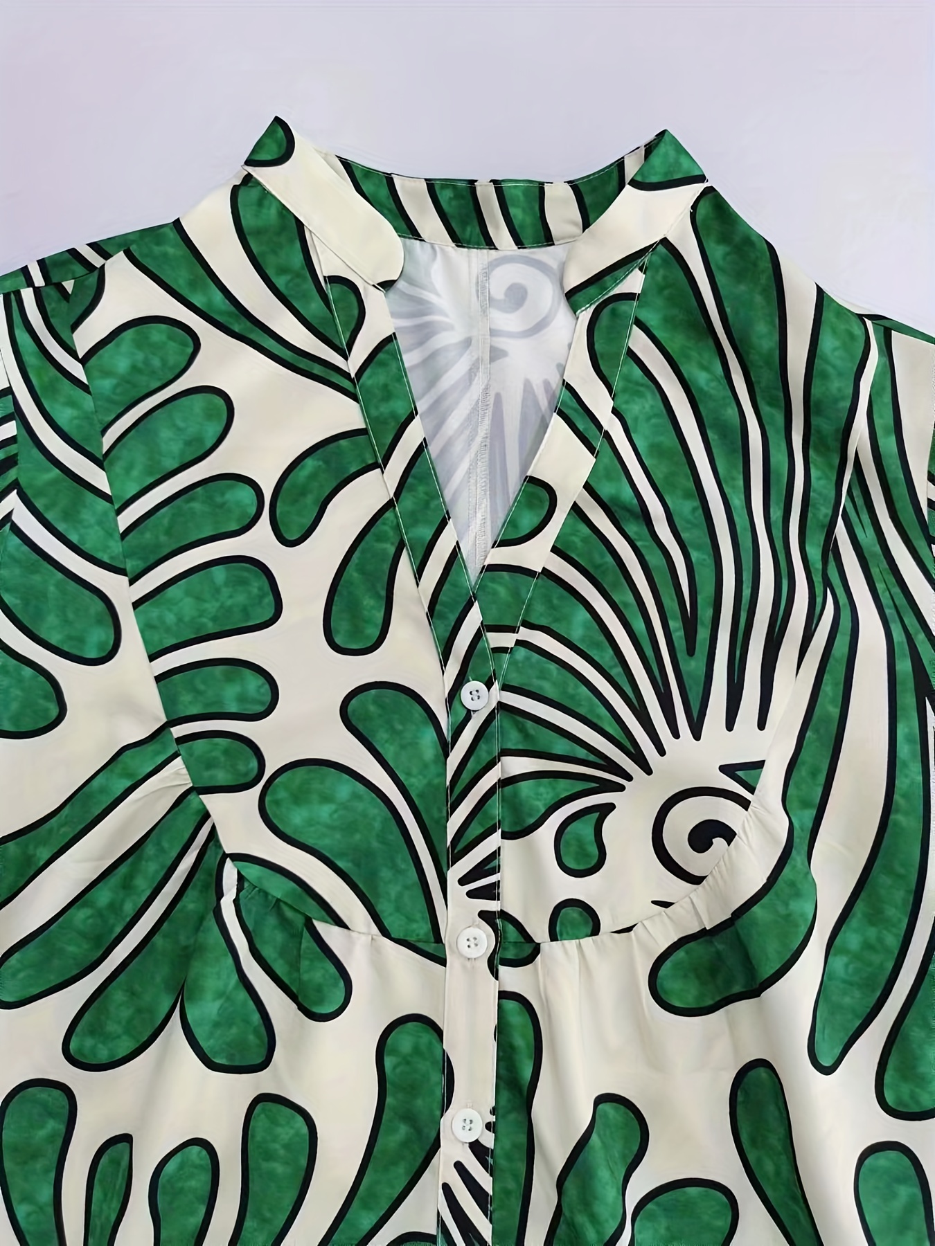 Plus Size Elegant Dress, Women's Plus Allover Print Bell Sleeve Button Up Mock Neck Maxi Smock Dress