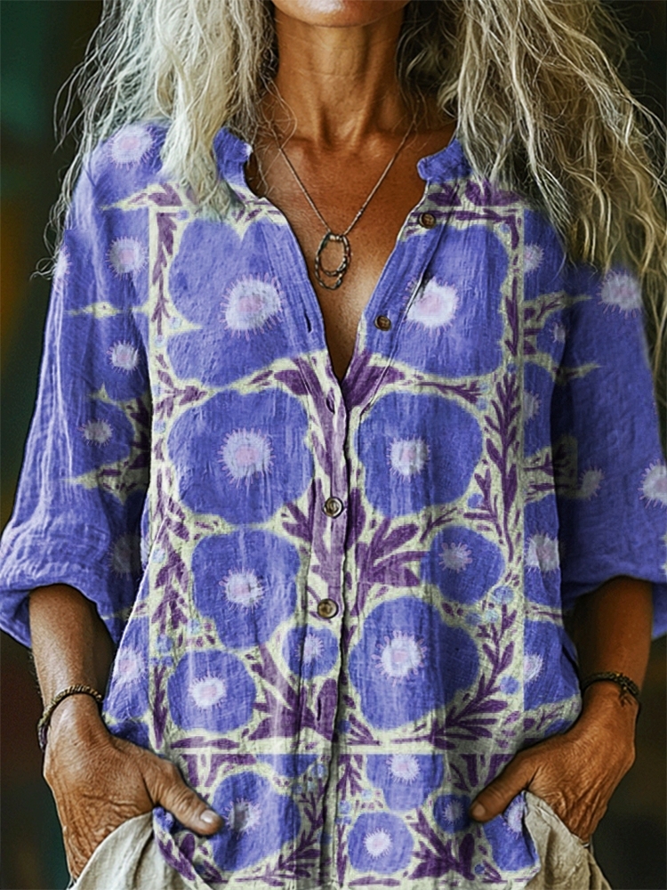 Women's Floral Pattern Art Print Casual Cotton Linen Shirt