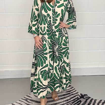 Plus Size Elegant Dress, Women's Plus Allover Print Bell Sleeve Button Up Mock Neck Maxi Smock Dress