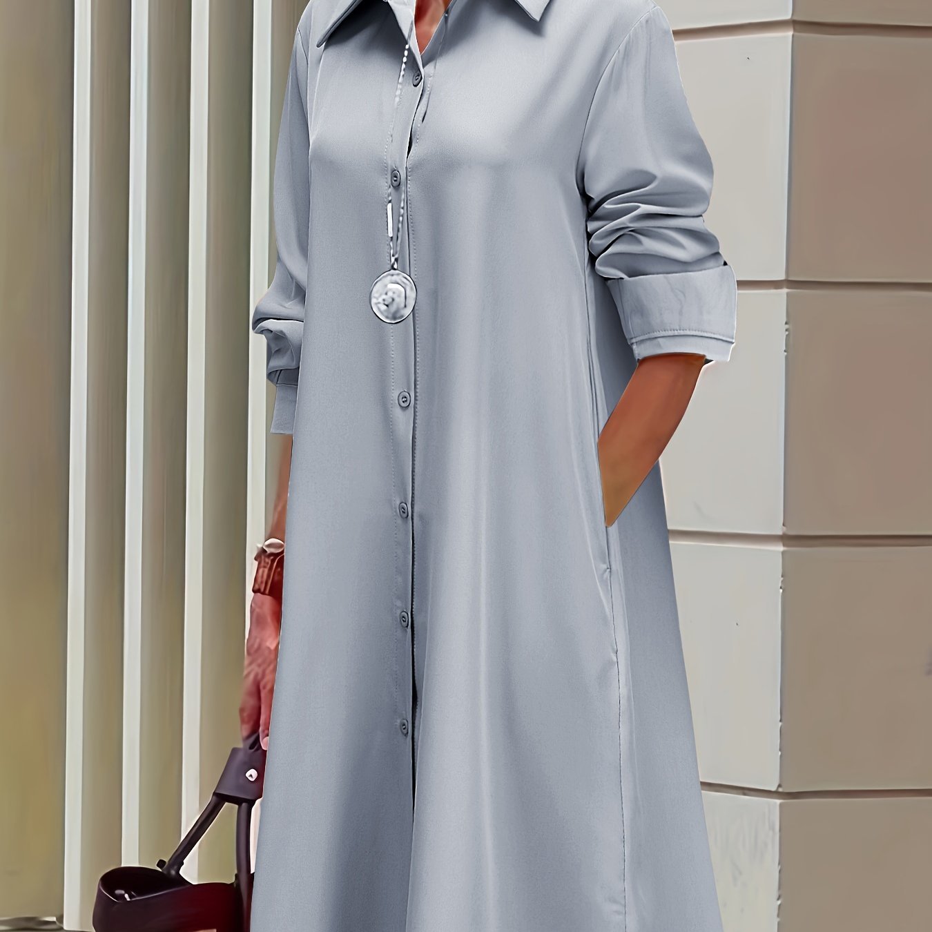 Plus Size Casual Dress, Women's Plus Solid Button Up Long Sleeve Turn Down Collar Shirt Dress  🔥Buy 2 get 10% OFF