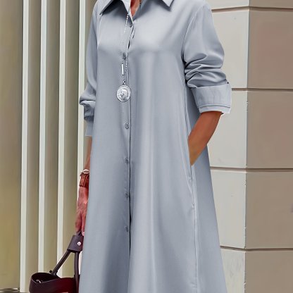 Plus Size Casual Dress, Women's Plus Solid Button Up Long Sleeve Turn Down Collar Shirt Dress  🔥Buy 2 get 10% OFF
